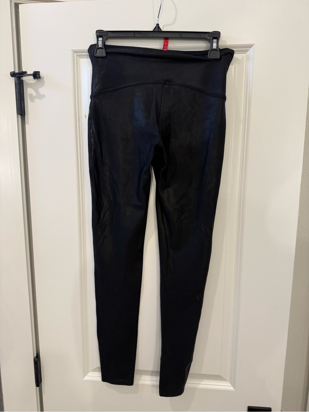 SPANX Black Shiny Leggings with Red Logo Tab